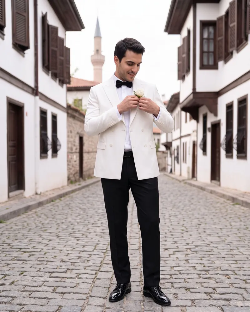 Beyaz Kruvaze Damatlık Full Set - Beyefendi Çorum