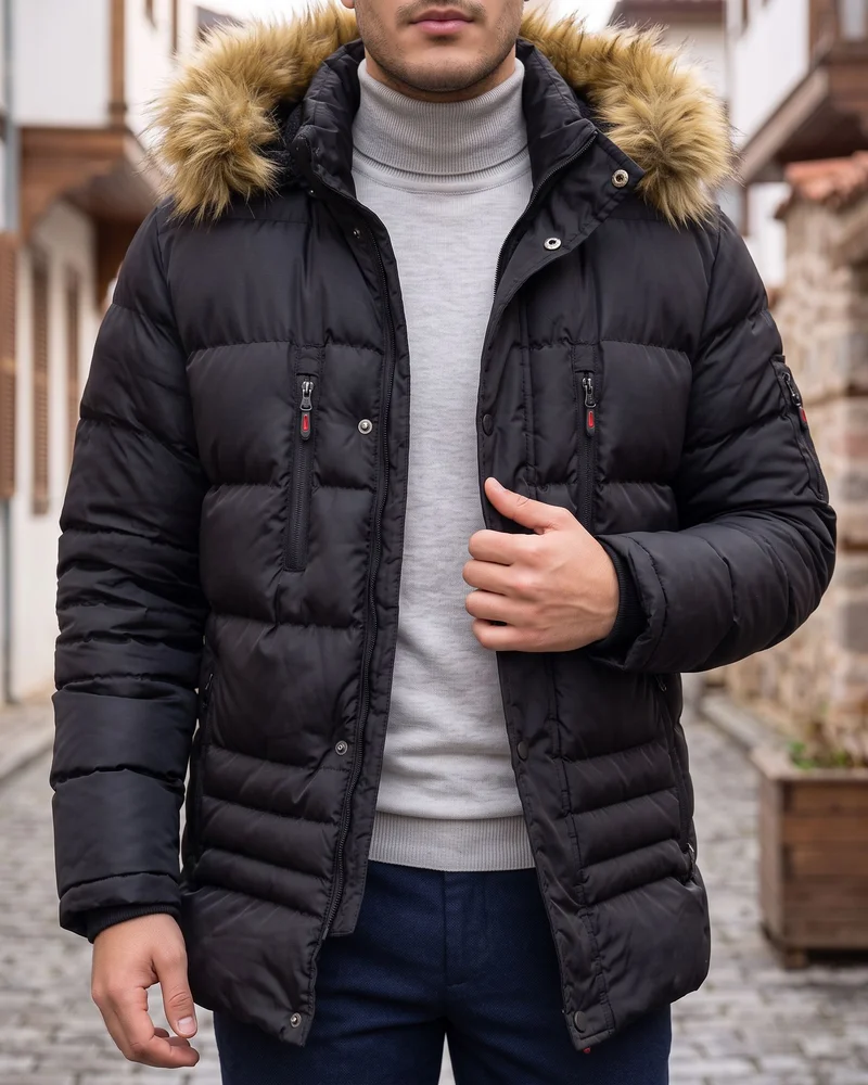 Siyah Kürklü Kapüşonlu Şişme Mont - 2