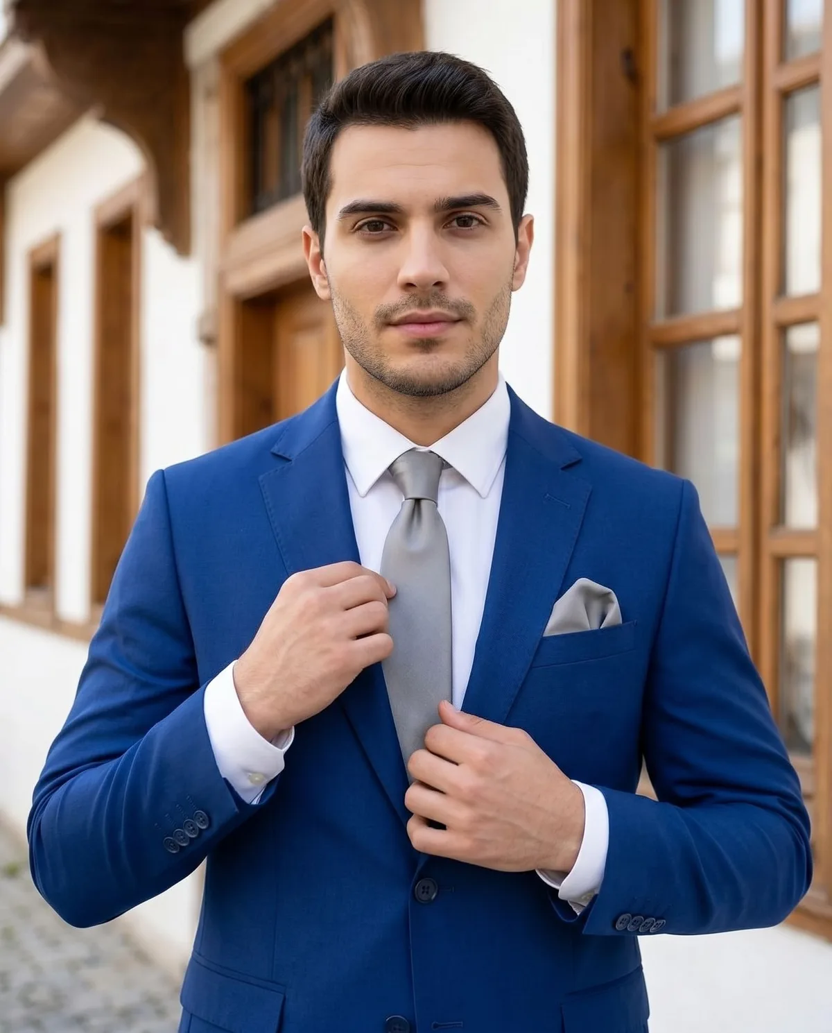 Mavi Slim Fit Takım, Gri Kravat - 3