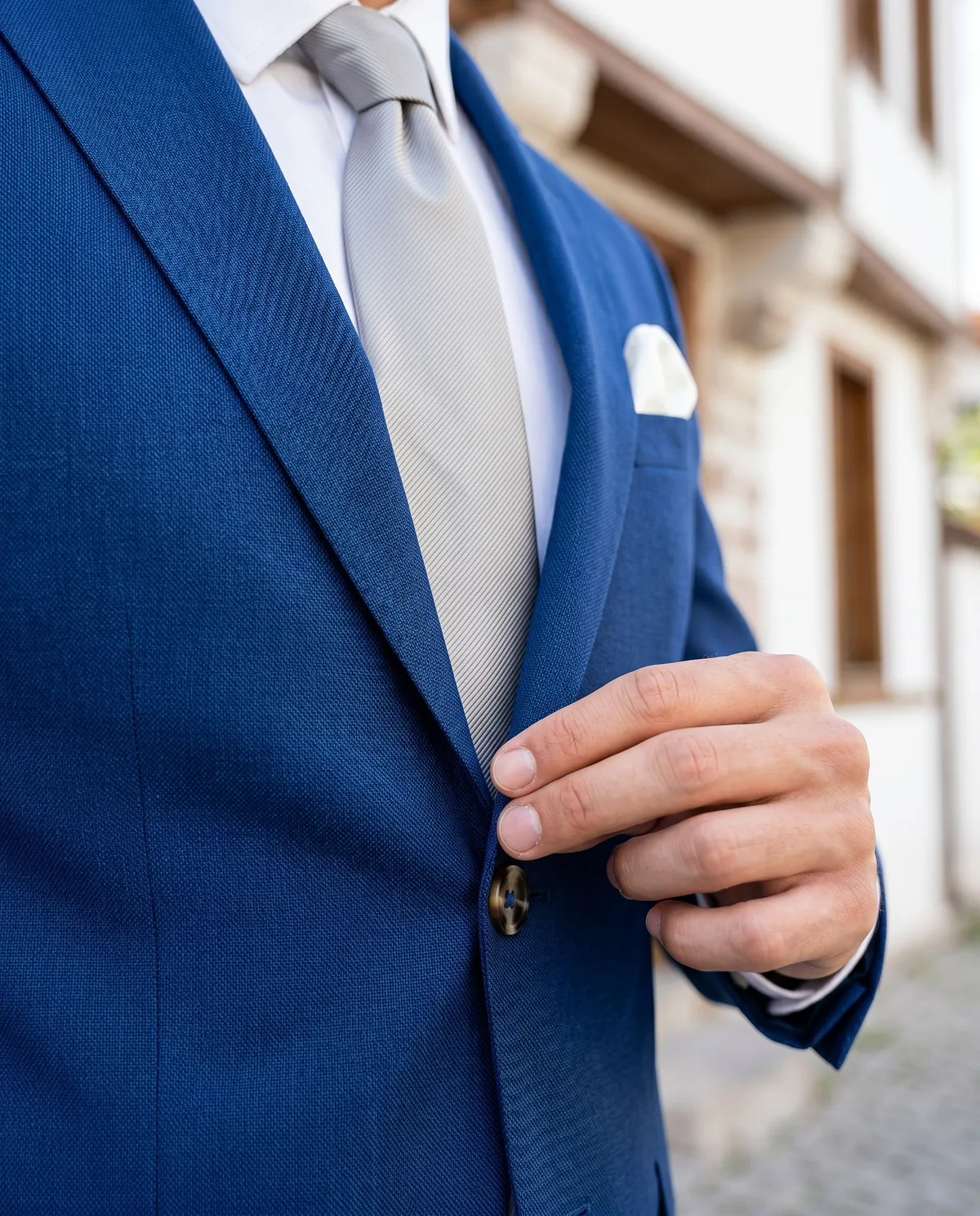Mavi Slim Fit Takım, Gri Kravat - 4