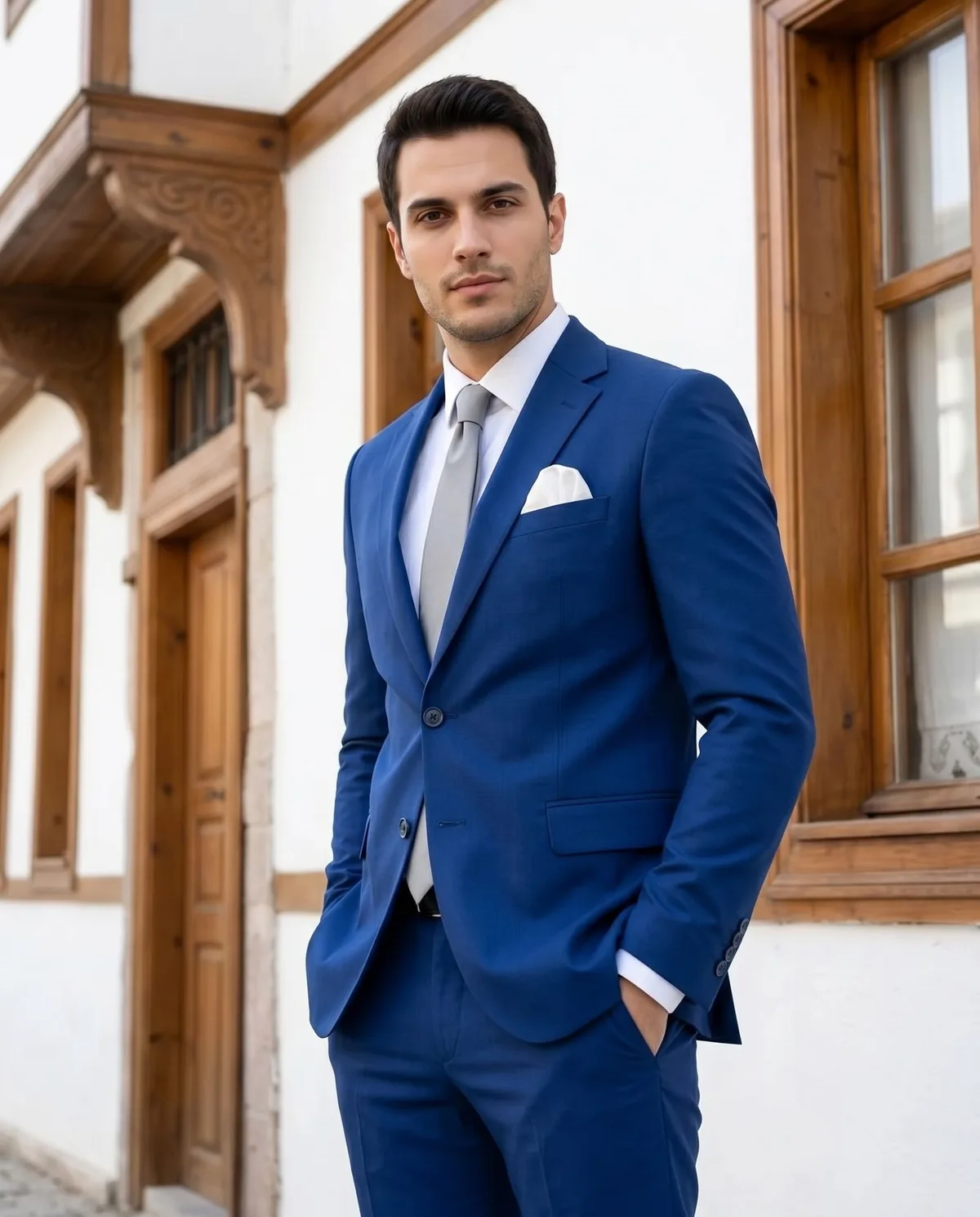 Mavi Slim Fit Takım, Gri Kravat - 5