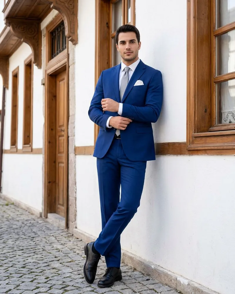 Mavi Slim Fit Takım Gri Kravat - Beyefendi Çorum