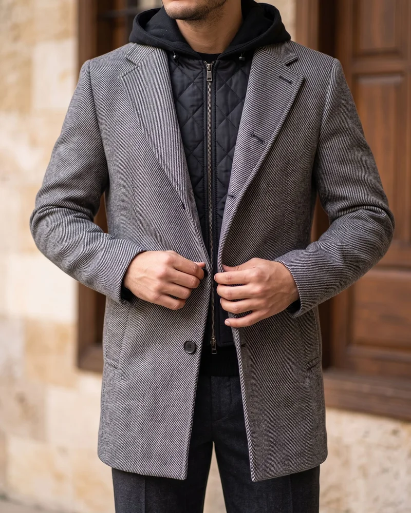 Gri Balıksırtı Kapüşonlu Kaban - 3