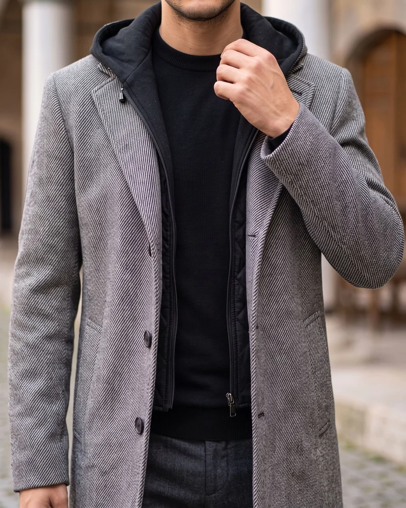 Gri Balıksırtı Kapüşonlu Kaban - 2