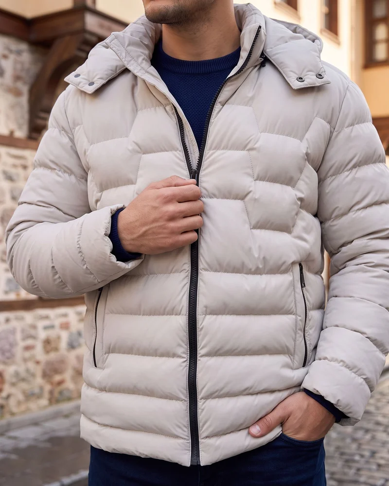 Taş Grisi Kapüşonlu Şişme Mont - 3