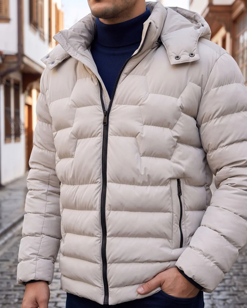 Taş Grisi Kapüşonlu Şişme Mont - 2