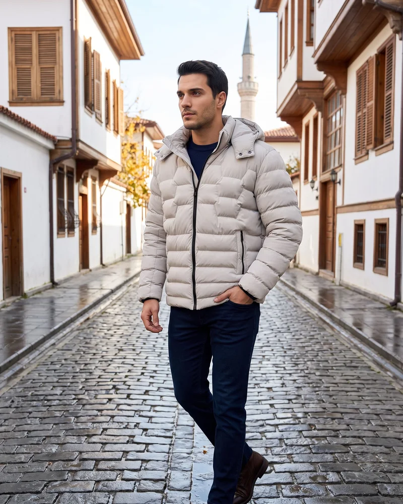 Taş Grisi Kapüşonlu Şişme Mont