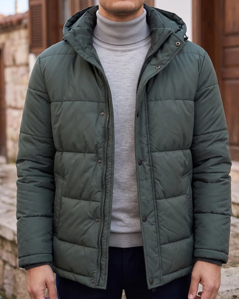Koyu Yeşil Kapüşonlu Şişme Mont - 2
