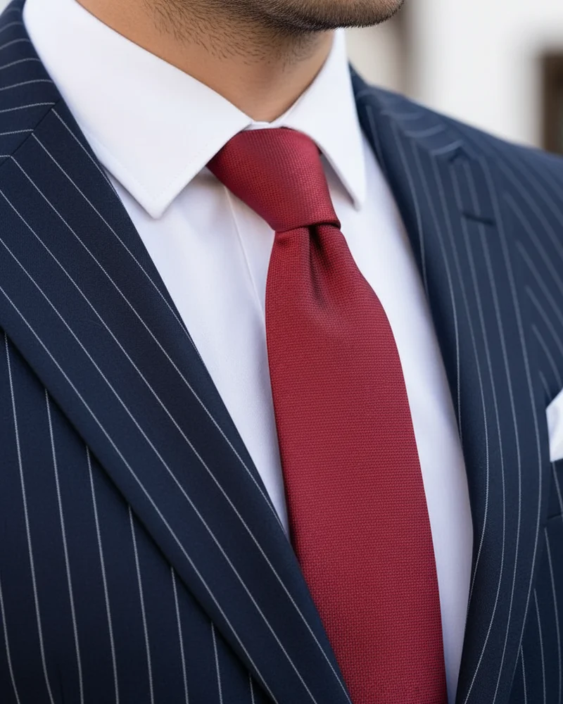 Lacivert Pinstripe Takım, Kırmızı Kravat - 2