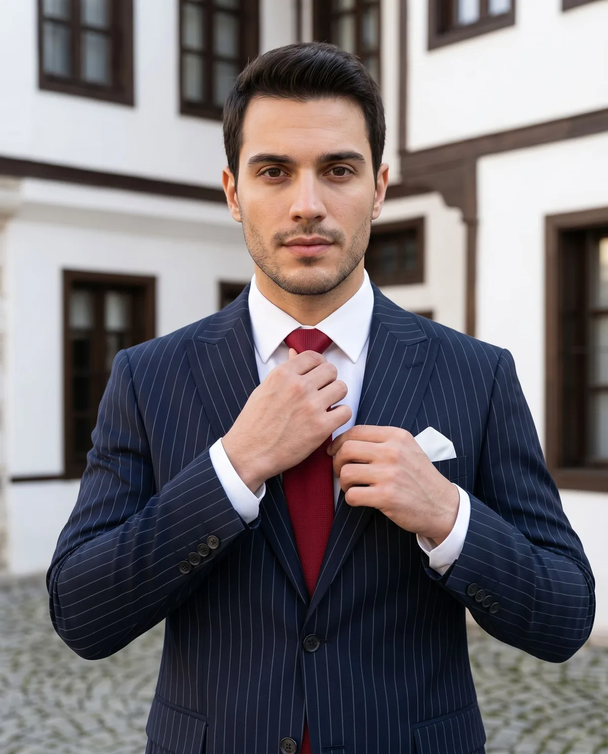 Lacivert Pinstripe Takım, Kırmızı Kravat - 3