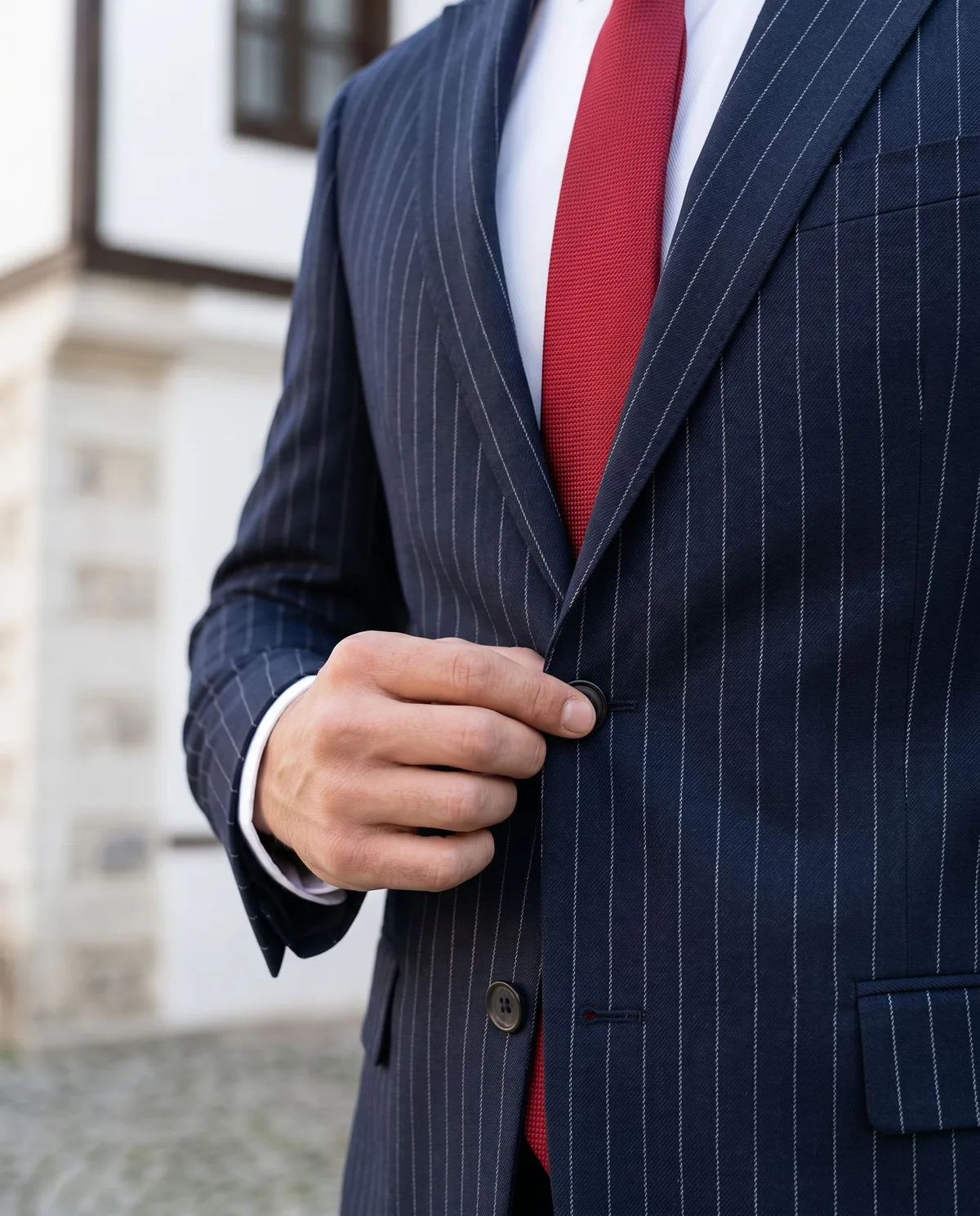 Lacivert Pinstripe Takım, Kırmızı Kravat - 4