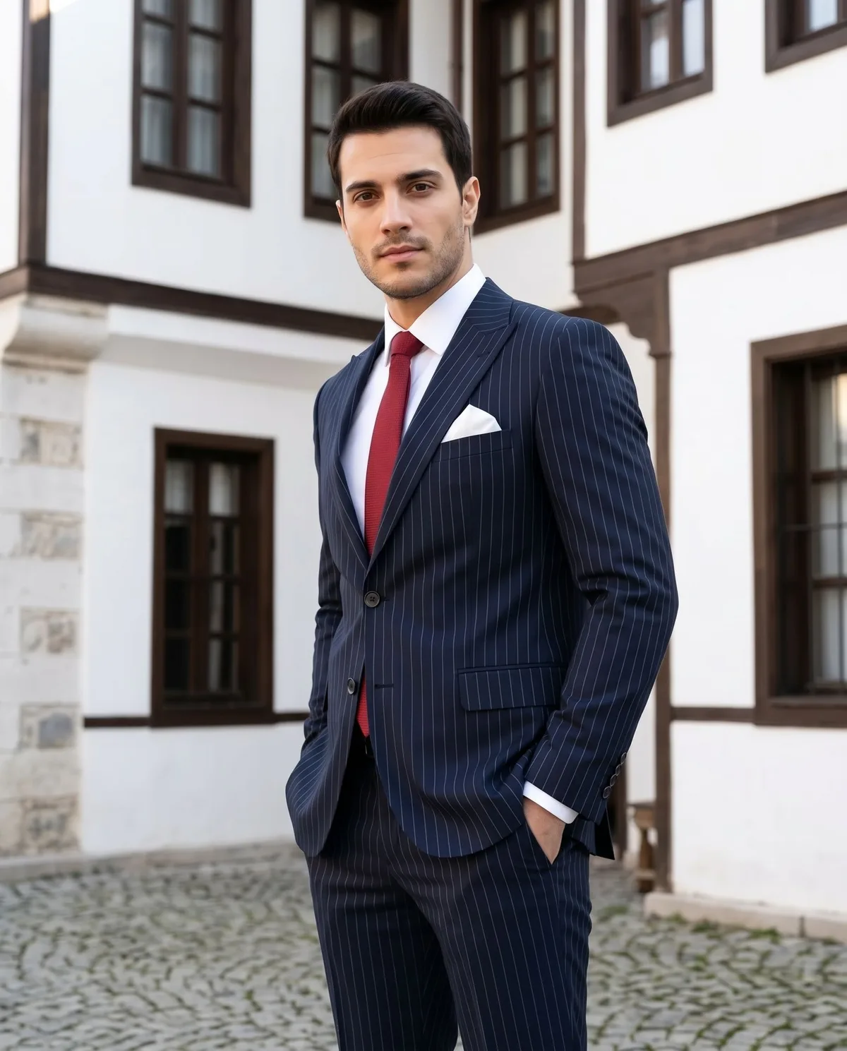 Lacivert Pinstripe Takım, Kırmızı Kravat - 5