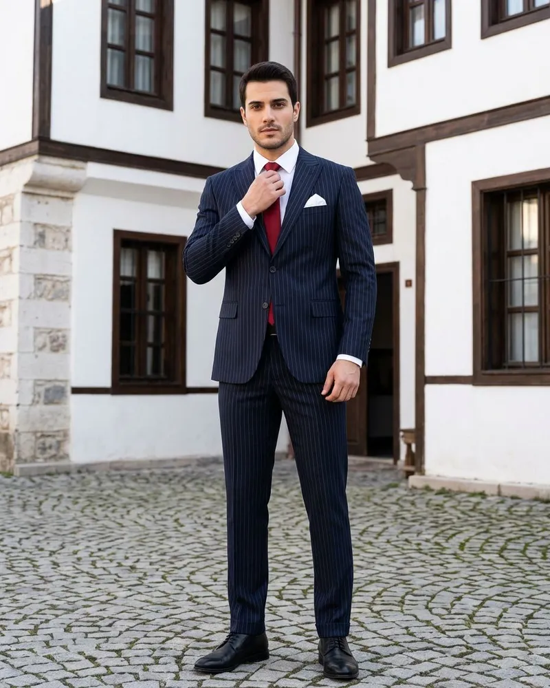 Lacivert Pinstripe Takım, Kırmızı Kravat