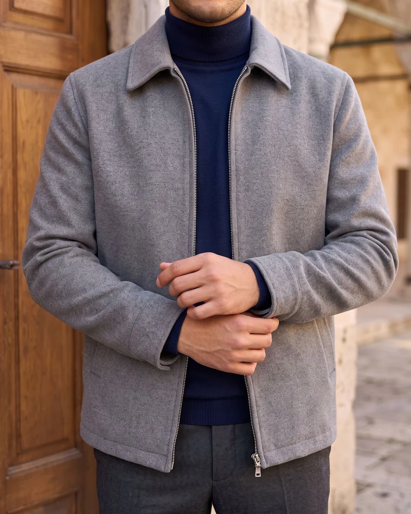 Gri Kaşe Fermuarlı Kaban - 2