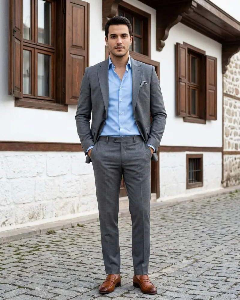 Gri Slim Fit Takım Kravatsız - Beyefendi Çorum