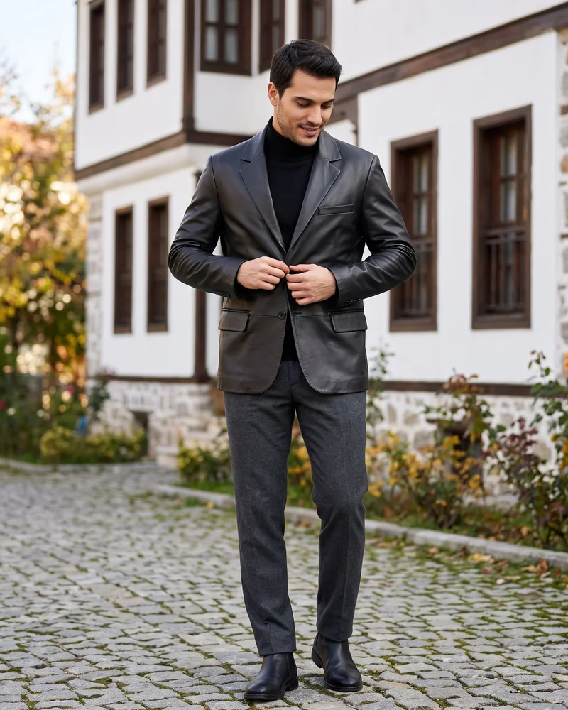 Siyah Deri Blazer Ceket - Beyefendi Çorum