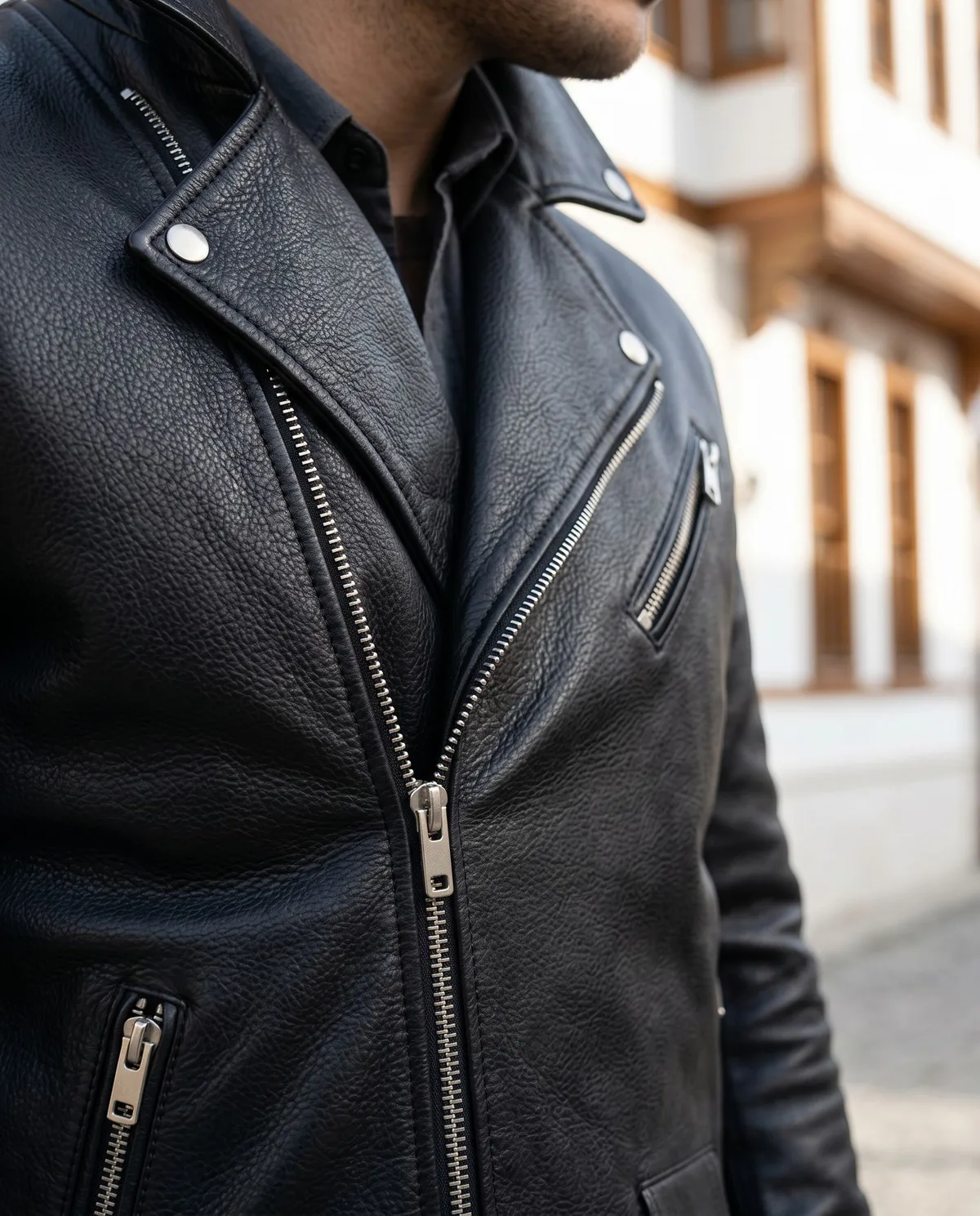 Siyah Biker Deri Ceket - 4