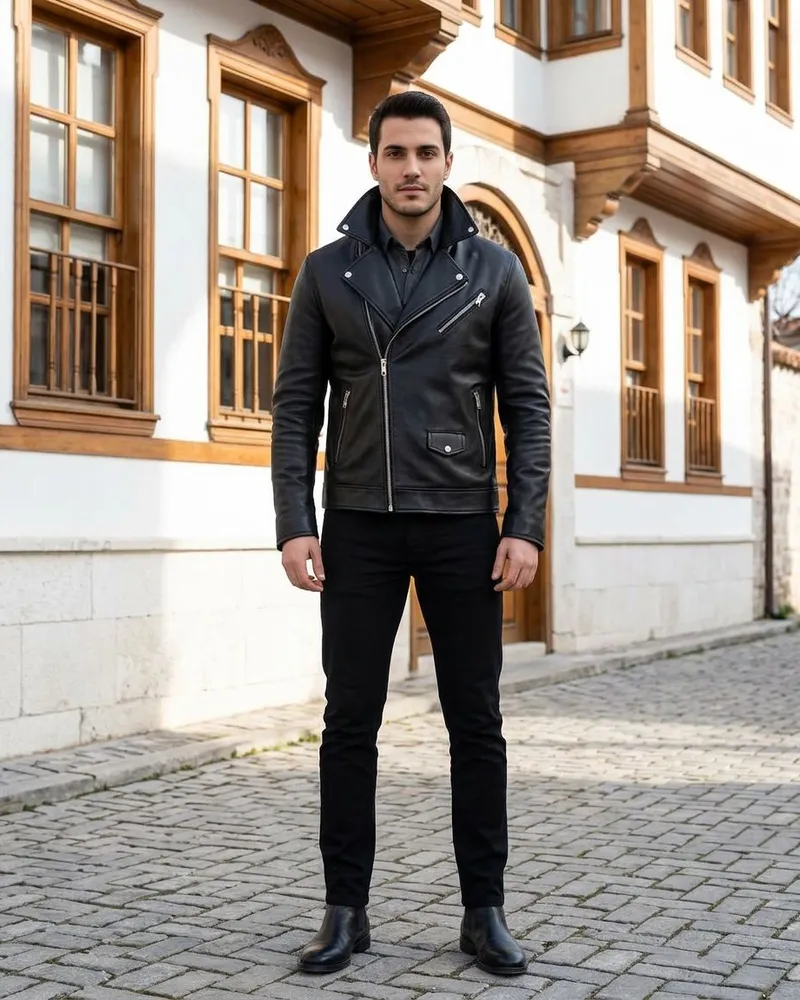 Siyah Biker Deri Ceket