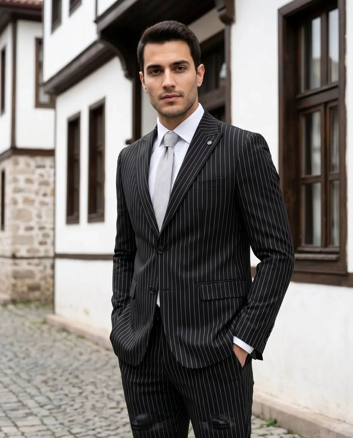 Siyah Pinstripe Takım Elbise - 5