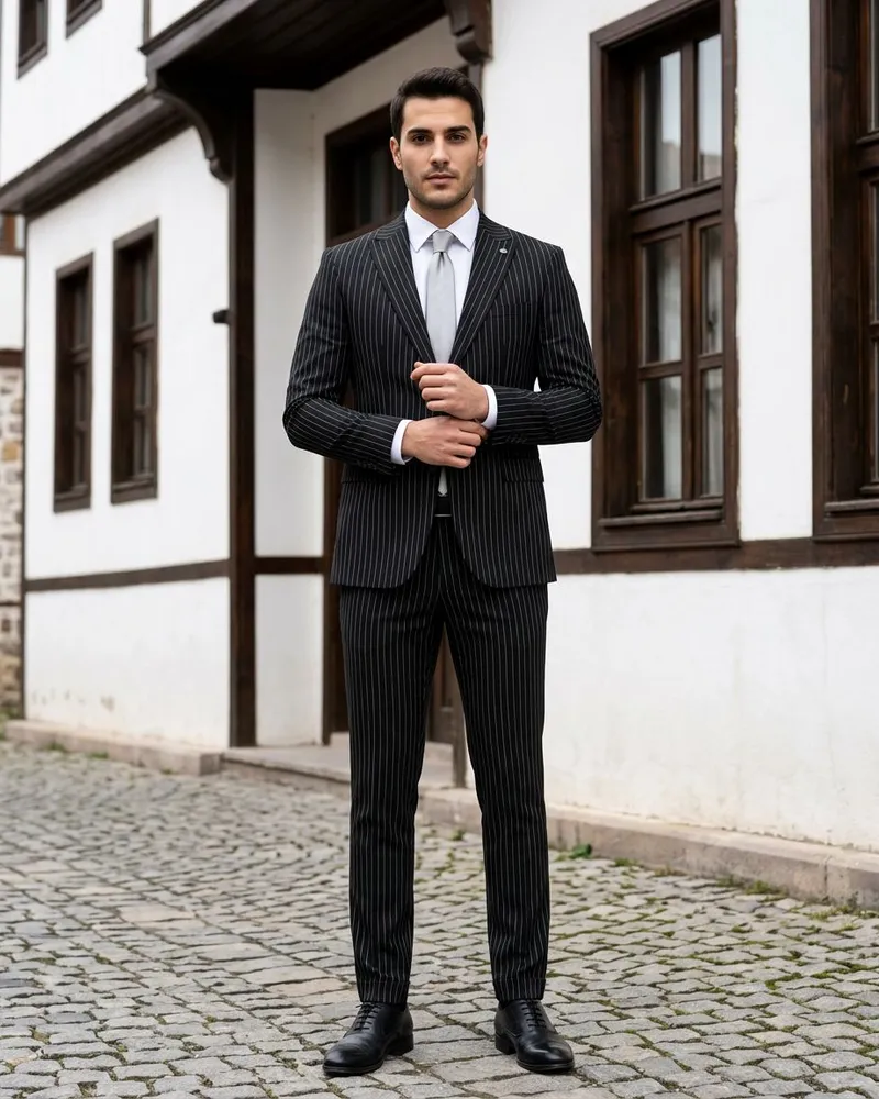 Siyah Pinstripe Takım Elbise - Beyefendi Çorum