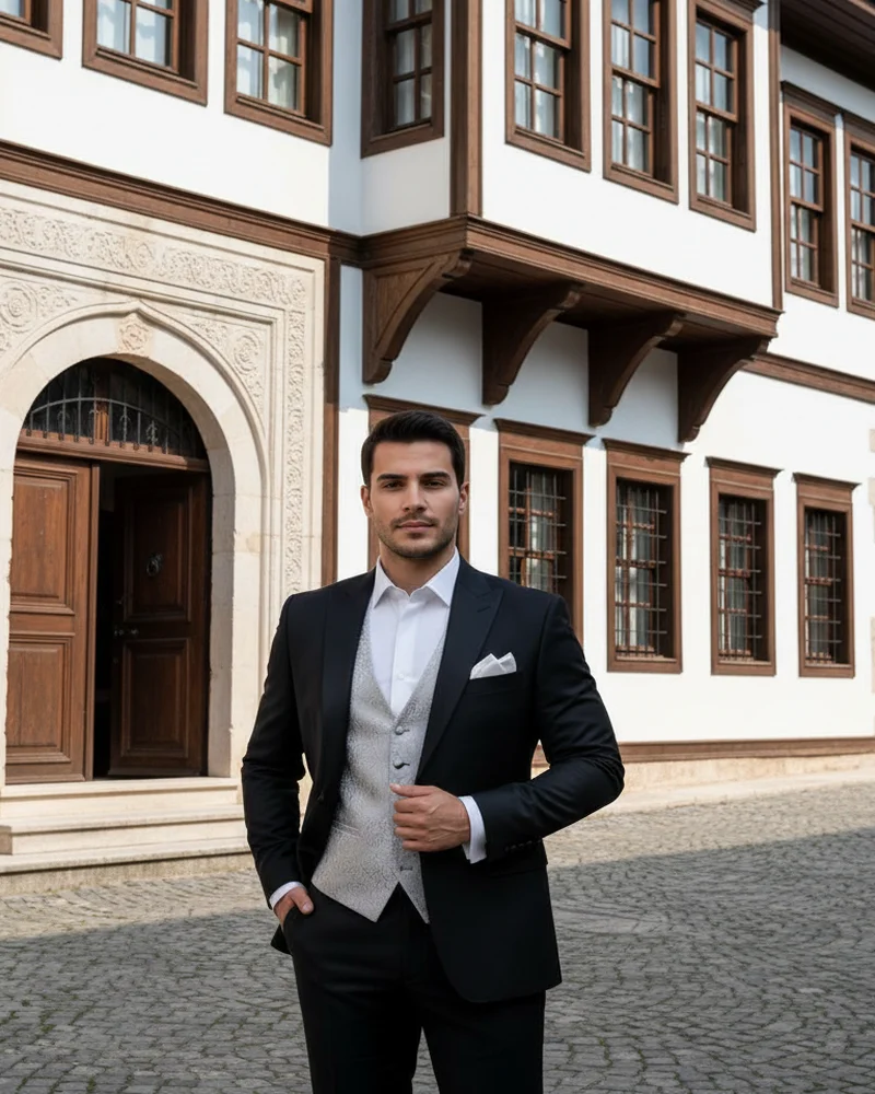 Siyah Damatlık Gümüş Yelek - Beyefendi Çorum