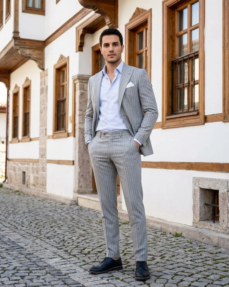 Açık Gri Çizgili Takım Elbise - Beyefendi Çorum