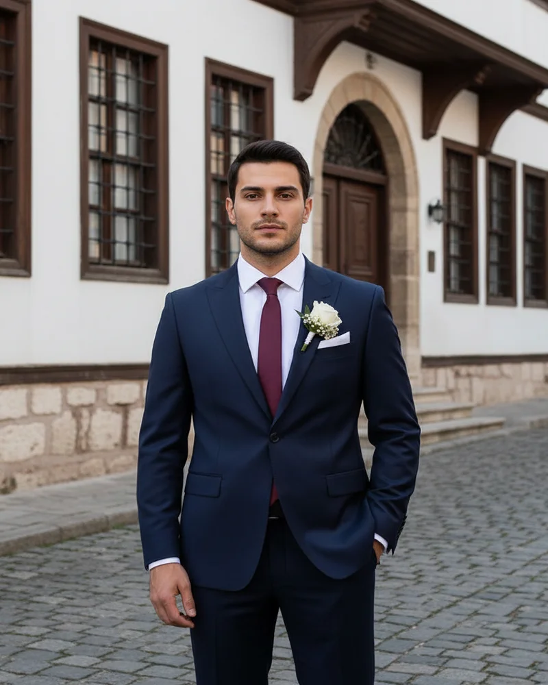 Lacivert Damatlık Bordo Kravat - Beyefendi Çorum