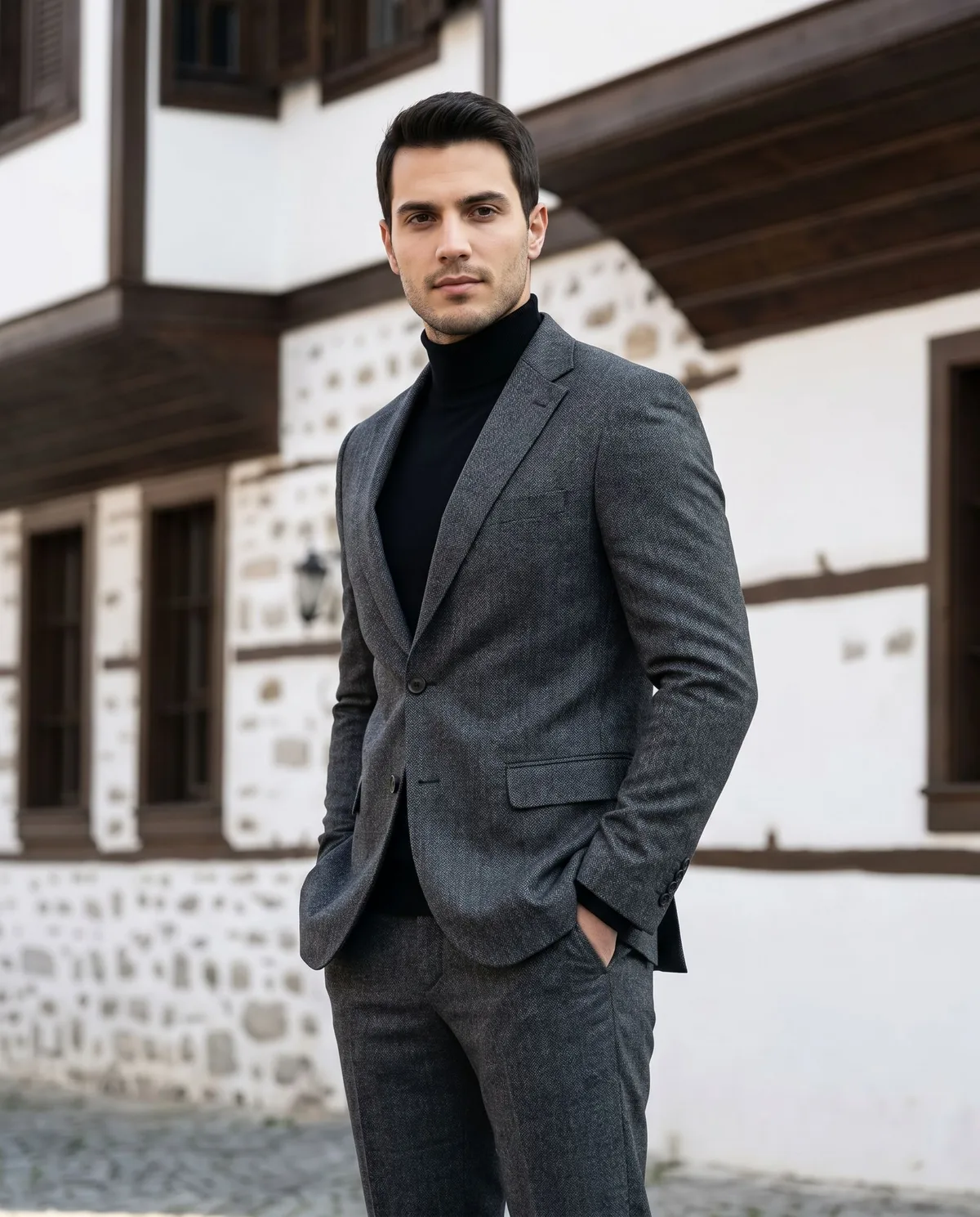 Antrasit Takım Elbise, Boğazlı Yaka Kombin - 5
