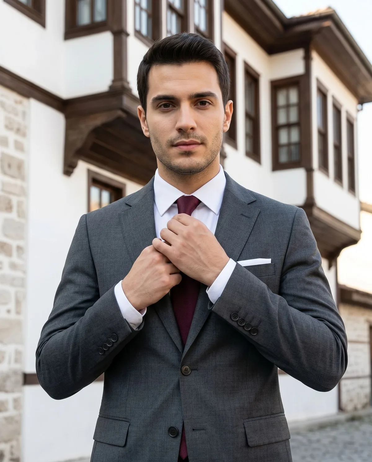 Antrasit Slim Fit Takım, Bordo Kravat - 3