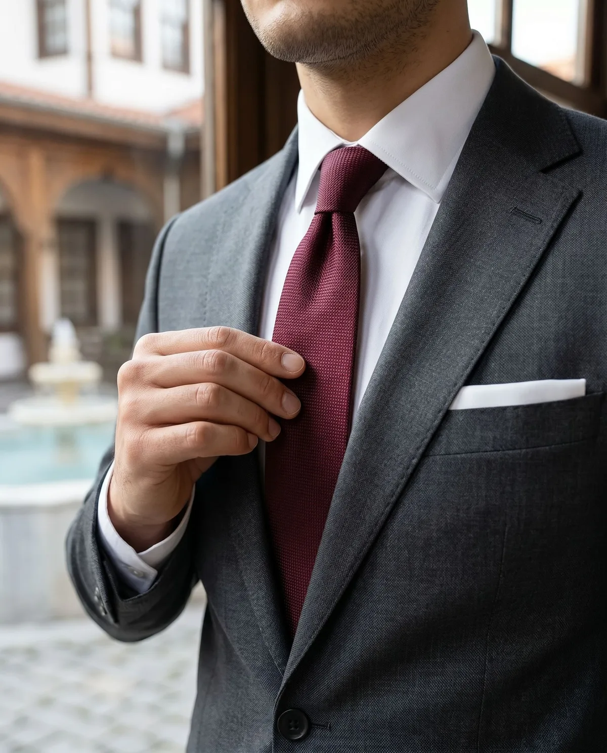 Antrasit Slim Fit Takım, Bordo Kravat - 4