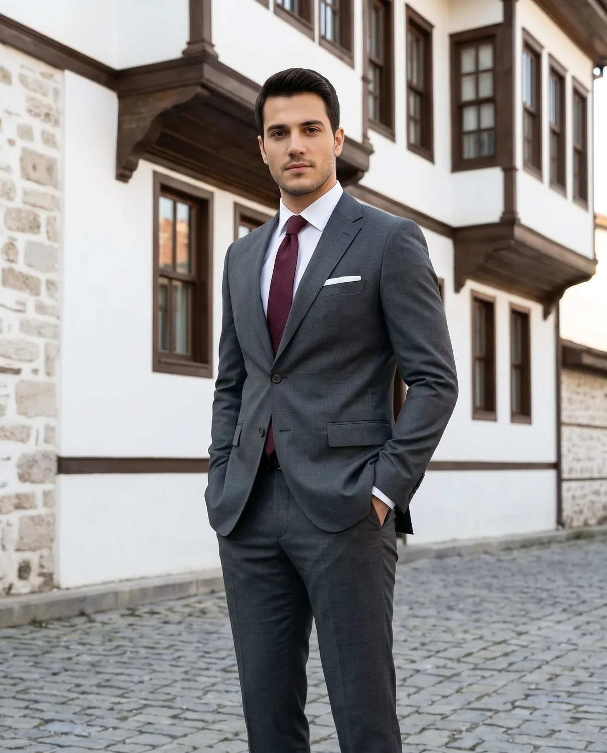 Antrasit Slim Fit Takım, Bordo Kravat - 5