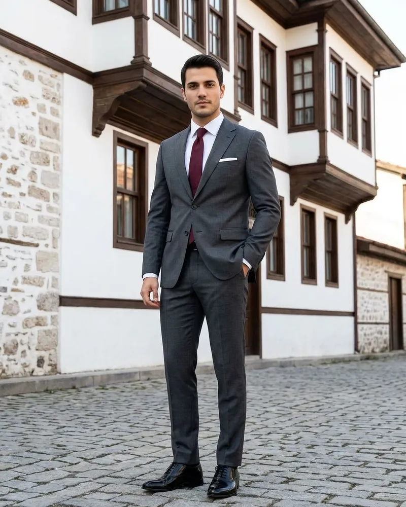 Antrasit Slim Fit Takım Bordo Kravat - Beyefendi Çorum