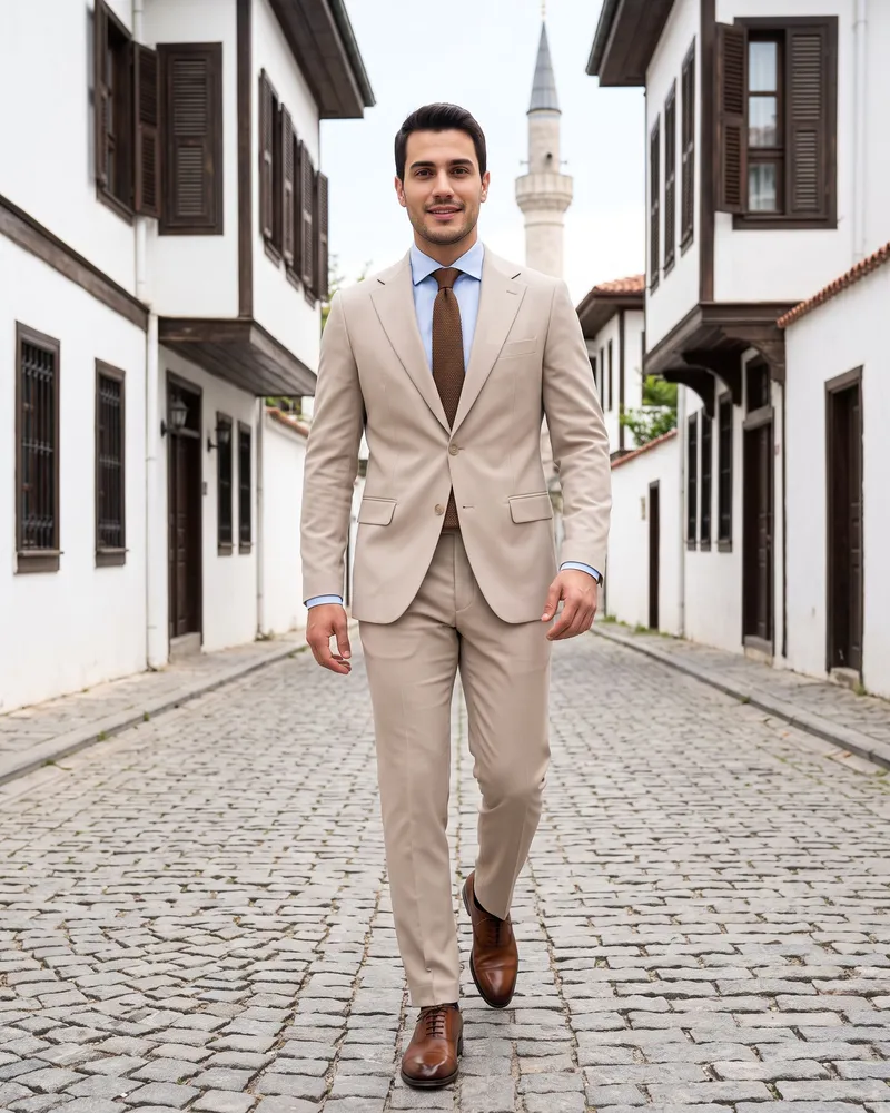 Açık Bej Regular Fit Takım, Örgü Kravat - Beyefendi Çorum