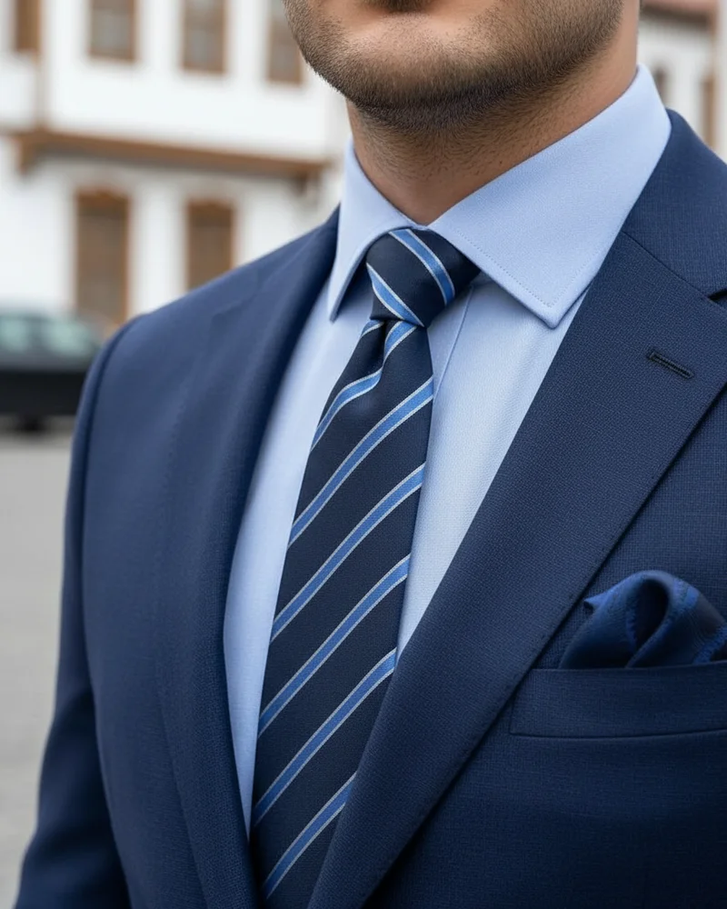 Lacivert Slim Fit Takım, Çizgili Kravat - 2