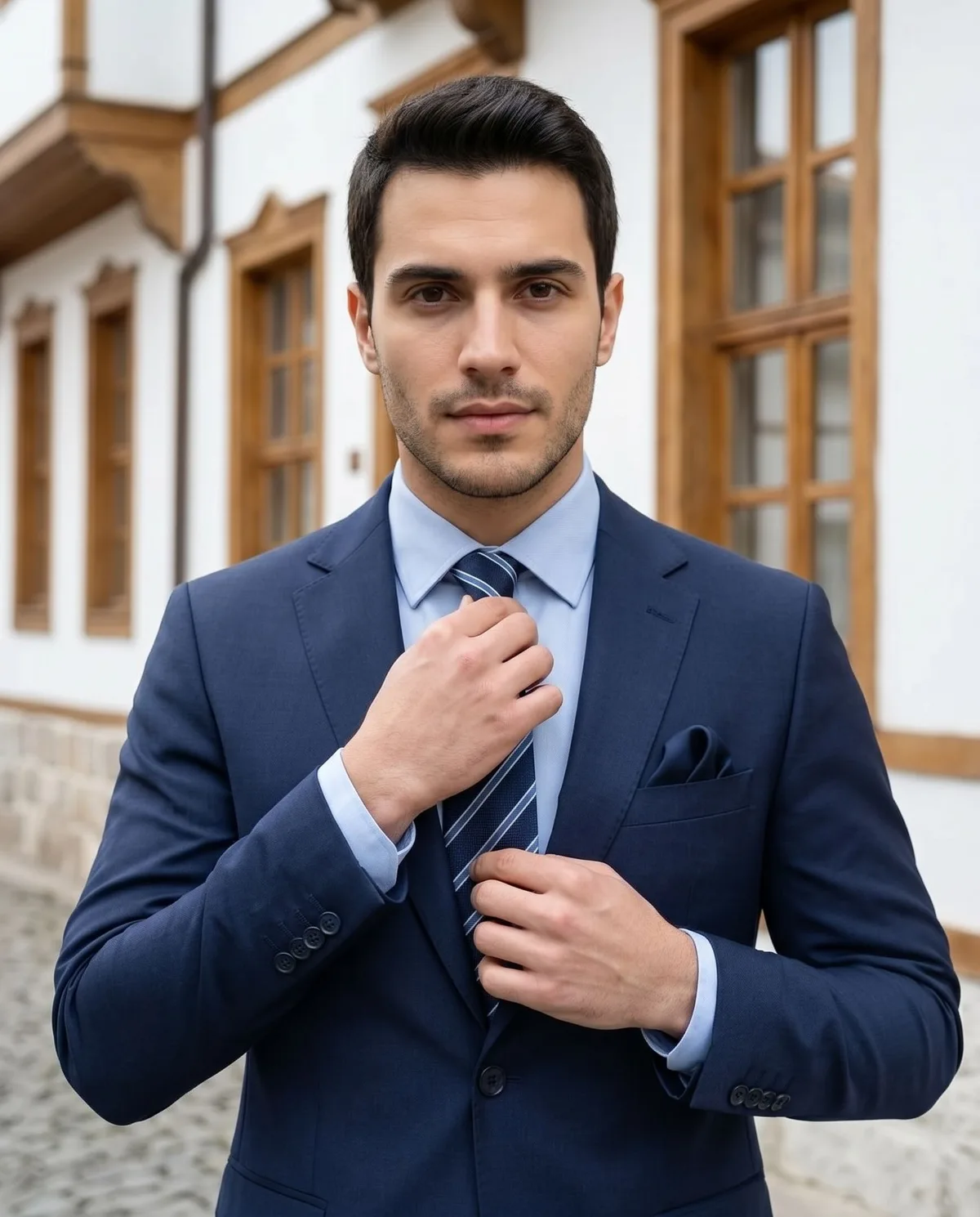 Lacivert Slim Fit Takım, Çizgili Kravat - 3