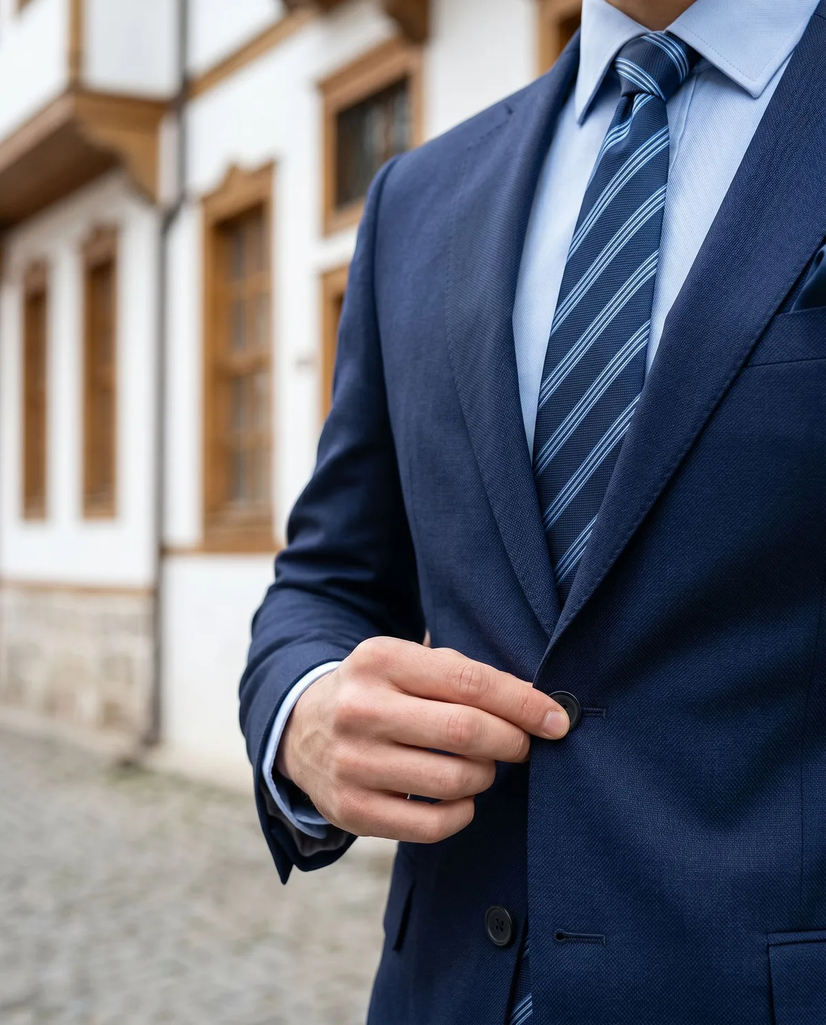 Lacivert Slim Fit Takım, Çizgili Kravat - 4