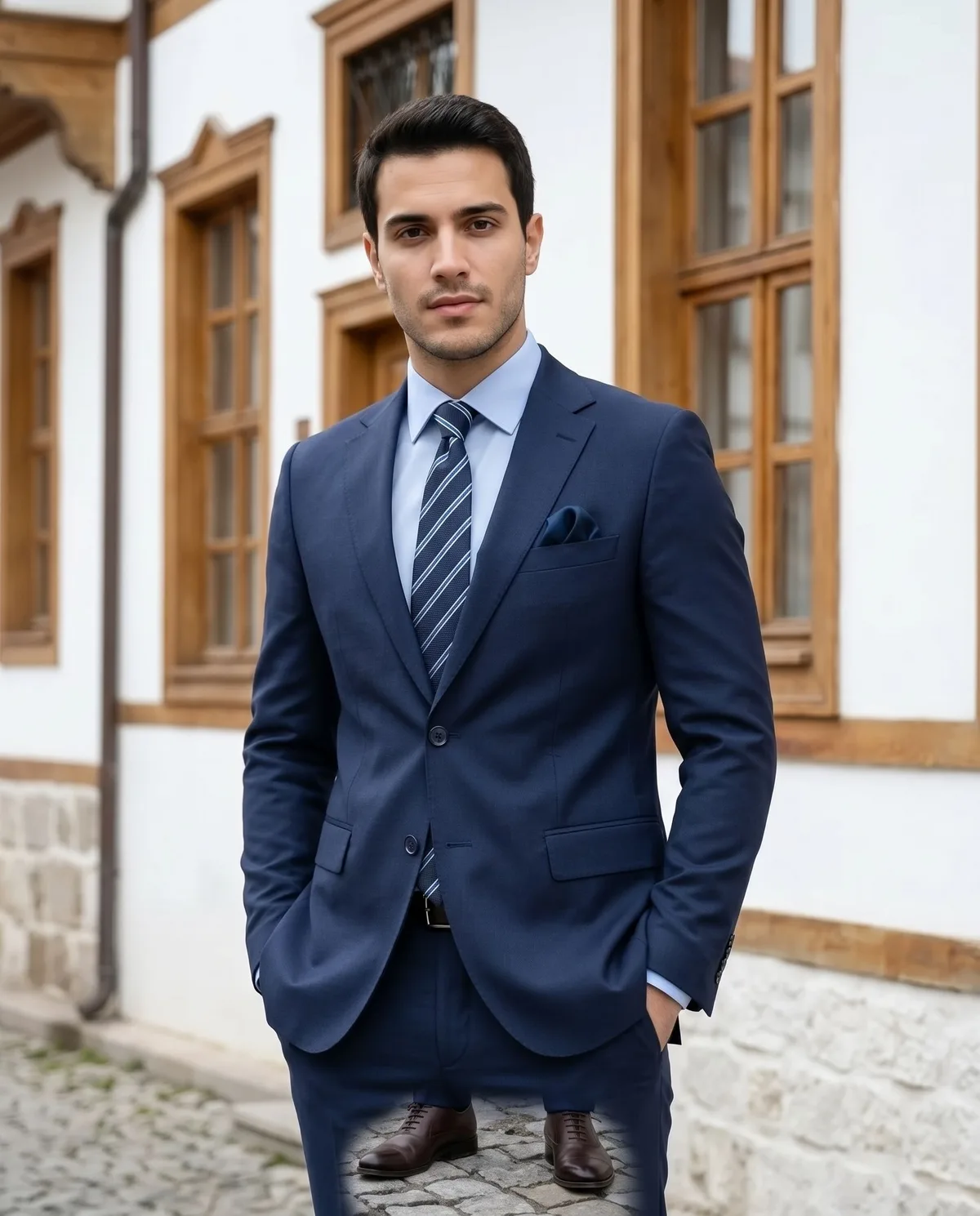 Lacivert Slim Fit Takım, Çizgili Kravat - 5