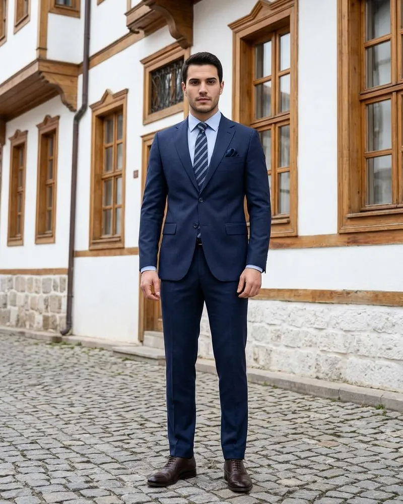 Lacivert Slim Fit Takım, Çizgili Kravat